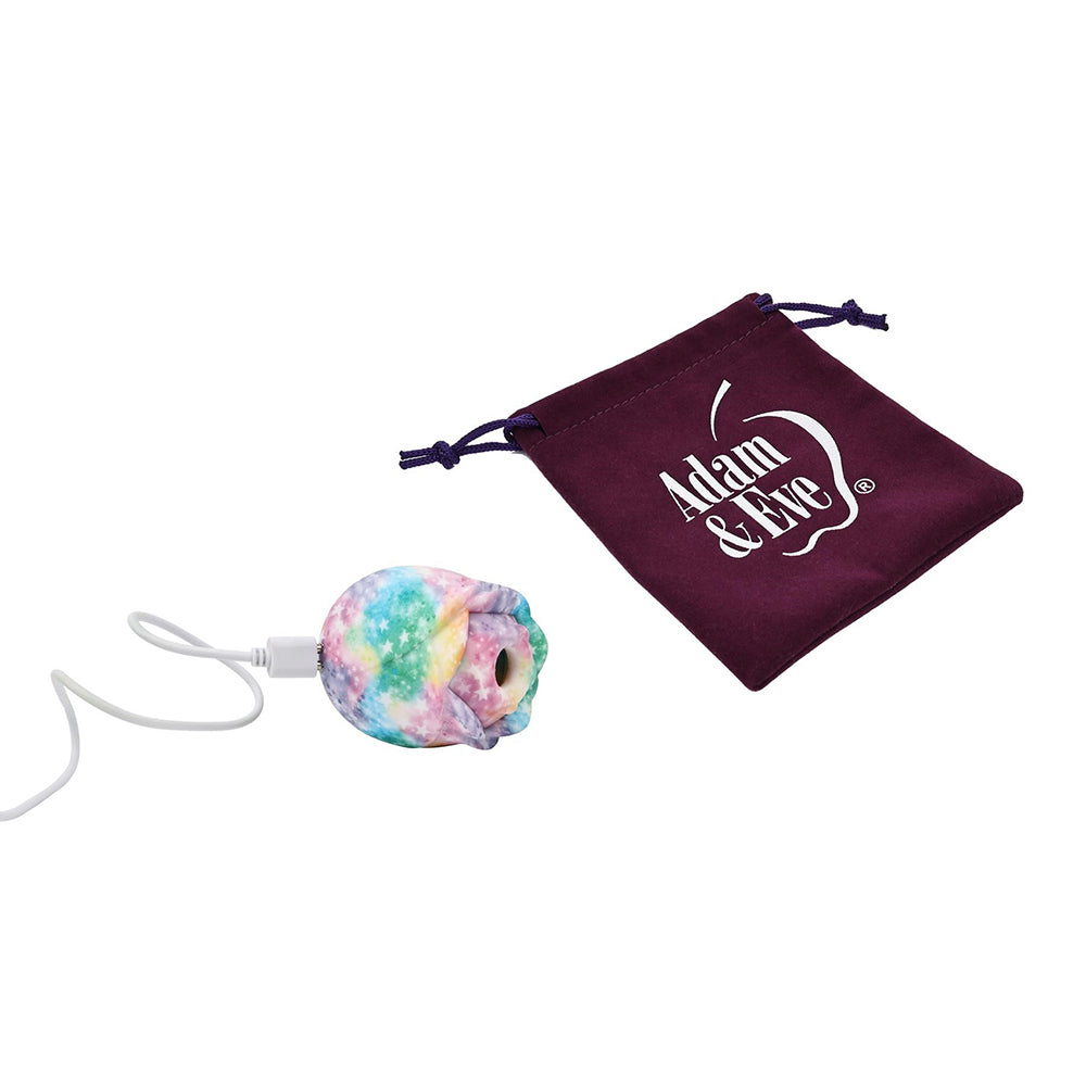 Adam & Eve Eves Ravishing Rose Tapping Clitoral Stimulator Rainbow with storage pouch and charging cord.