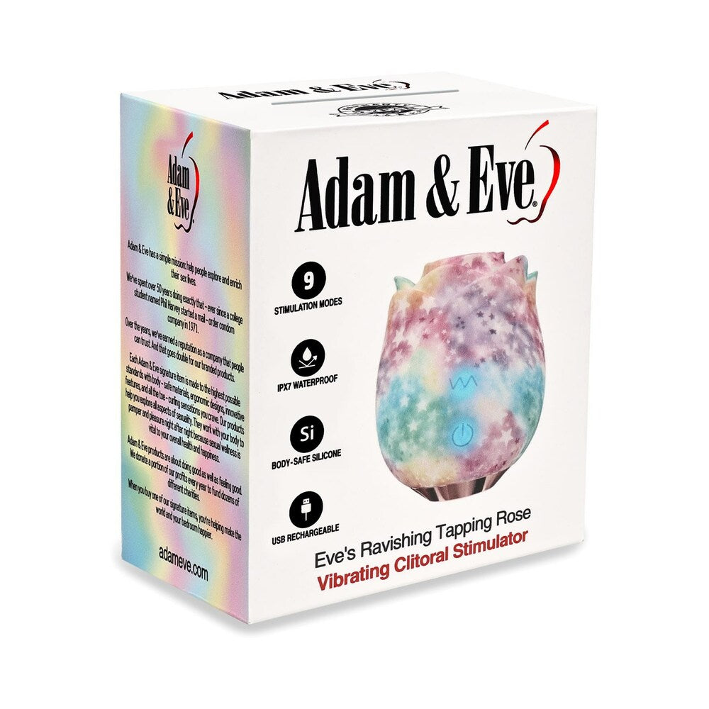Adam & Eve Eves Ravishing Rose Tapping Clitoral Stimulator Rainbow product packaging with vibrant design and features.