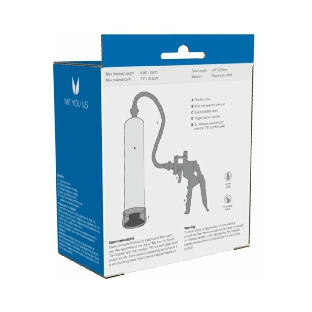 Me You Us X Factor Penis Pump packaging showing its features and specifications.