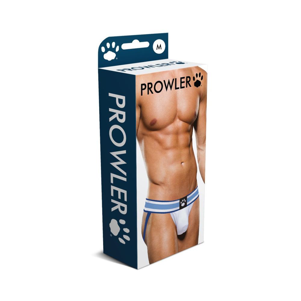 Prowler Jock Strap White and Blue Medium packaging featuring bold design and Prowler logo.