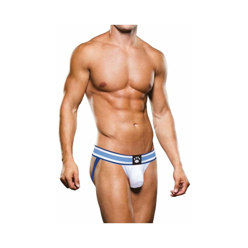 Prowler Jock Strap White and Blue Medium model showcasing athletic style with bold colors and paw logo.