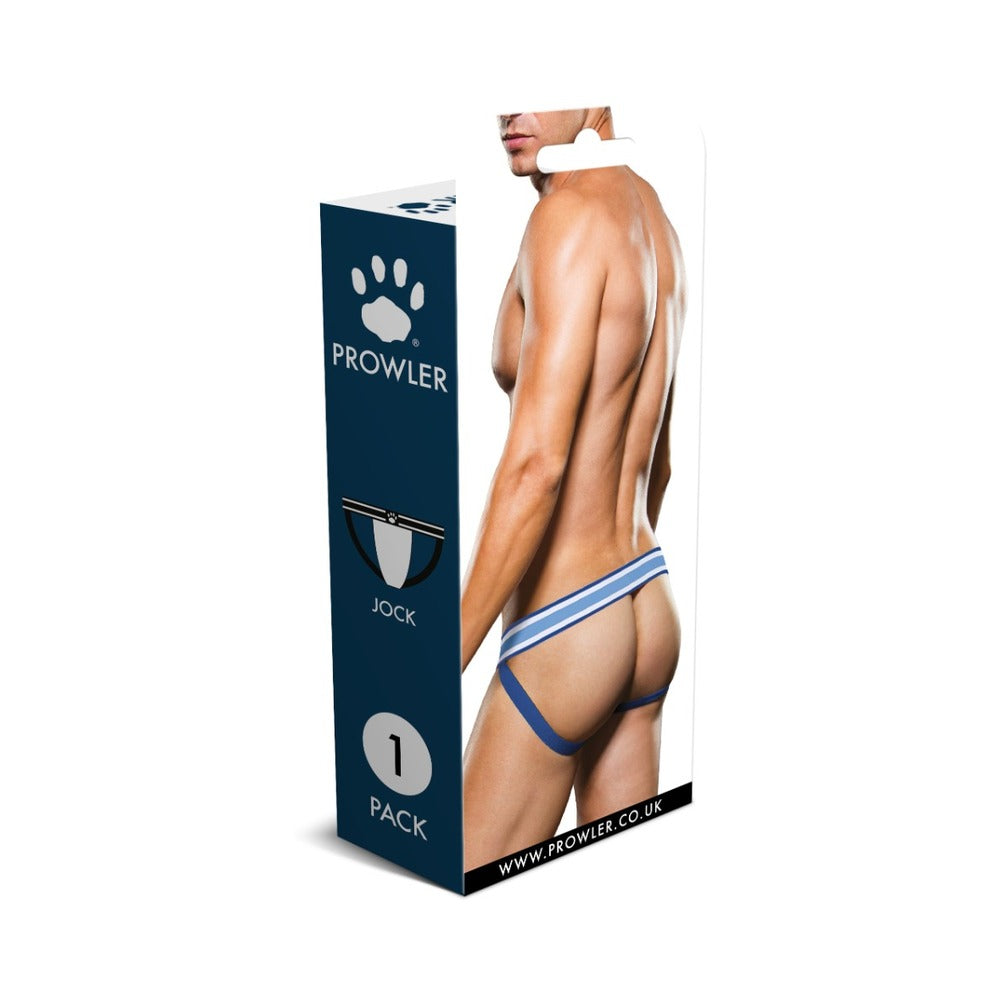 Prowler Jock Strap White and Blue Medium packaging showcasing the jock strap design and bold colors.