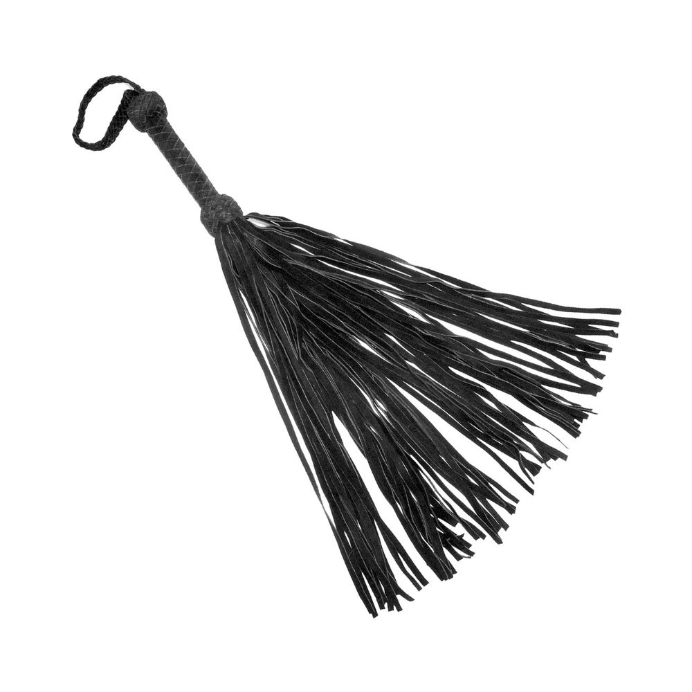 Prowler Red Leather Suede Flogger Black with long black suede strands for a classic flogging experience.
