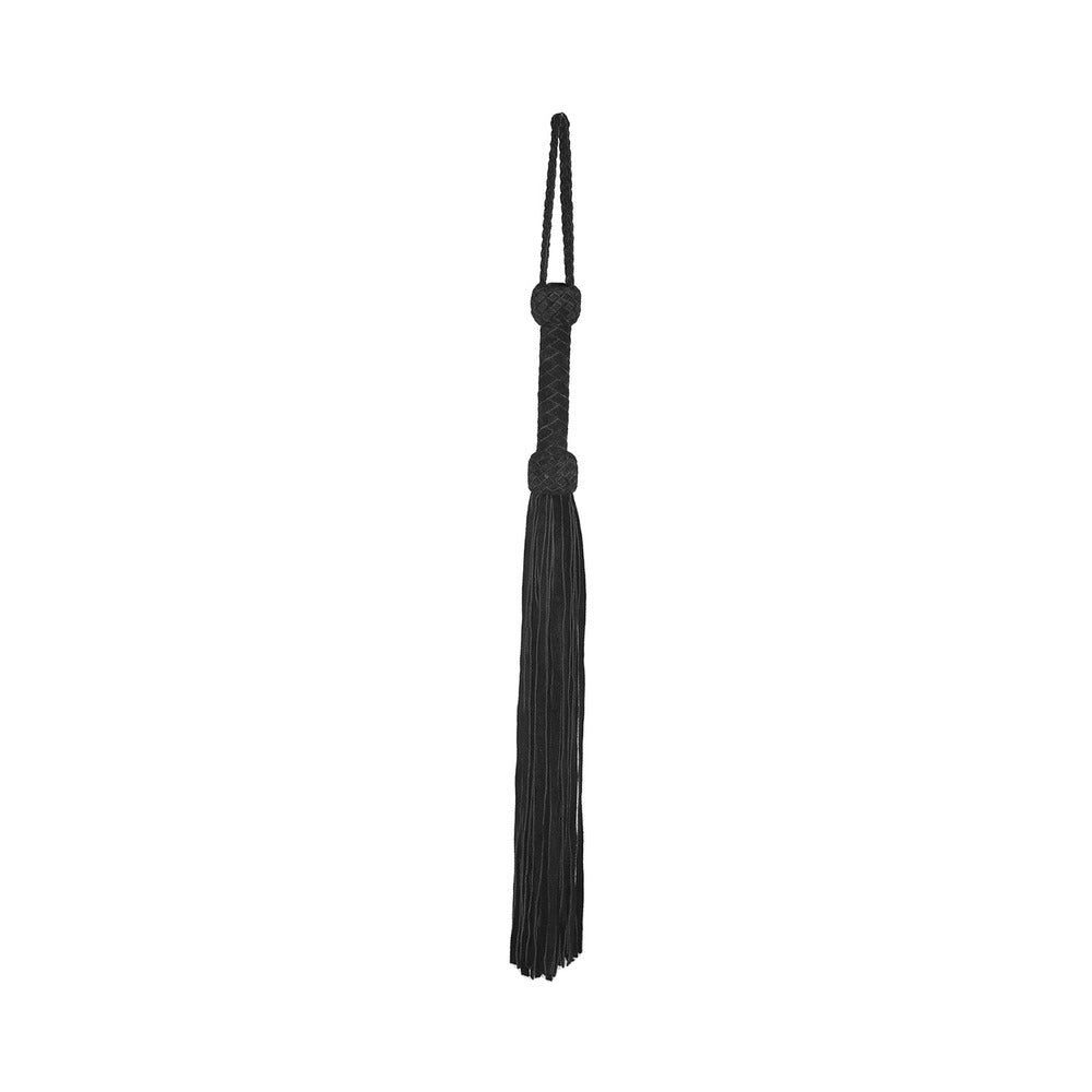 Prowler Red Leather Suede Flogger Black with long black tasseled strands for a classic flogging experience.