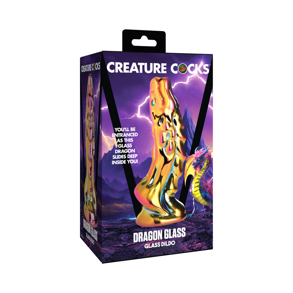 Creature Cocks Dragon Glass Glass Dildo packaging with vibrant colors and dragon design.