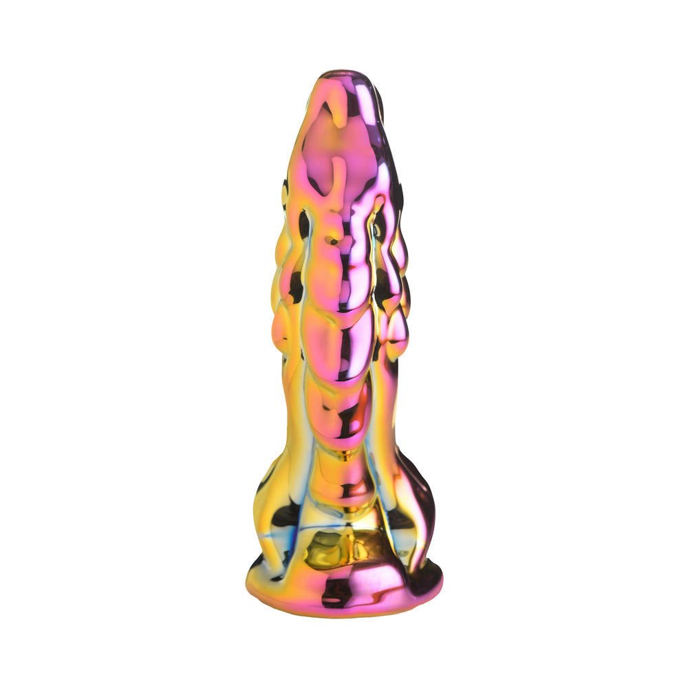 Creature Cocks Dragon Glass Glass Dildo in vibrant rainbow colors, showcasing its unique dragon-inspired design.