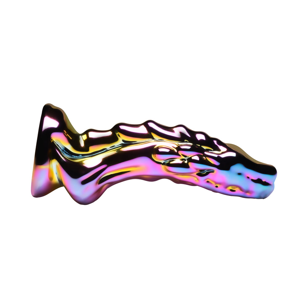 Creature Cocks Dragon Glass Glass Dildo featuring a dragon design with iridescent colors and elegant curves.