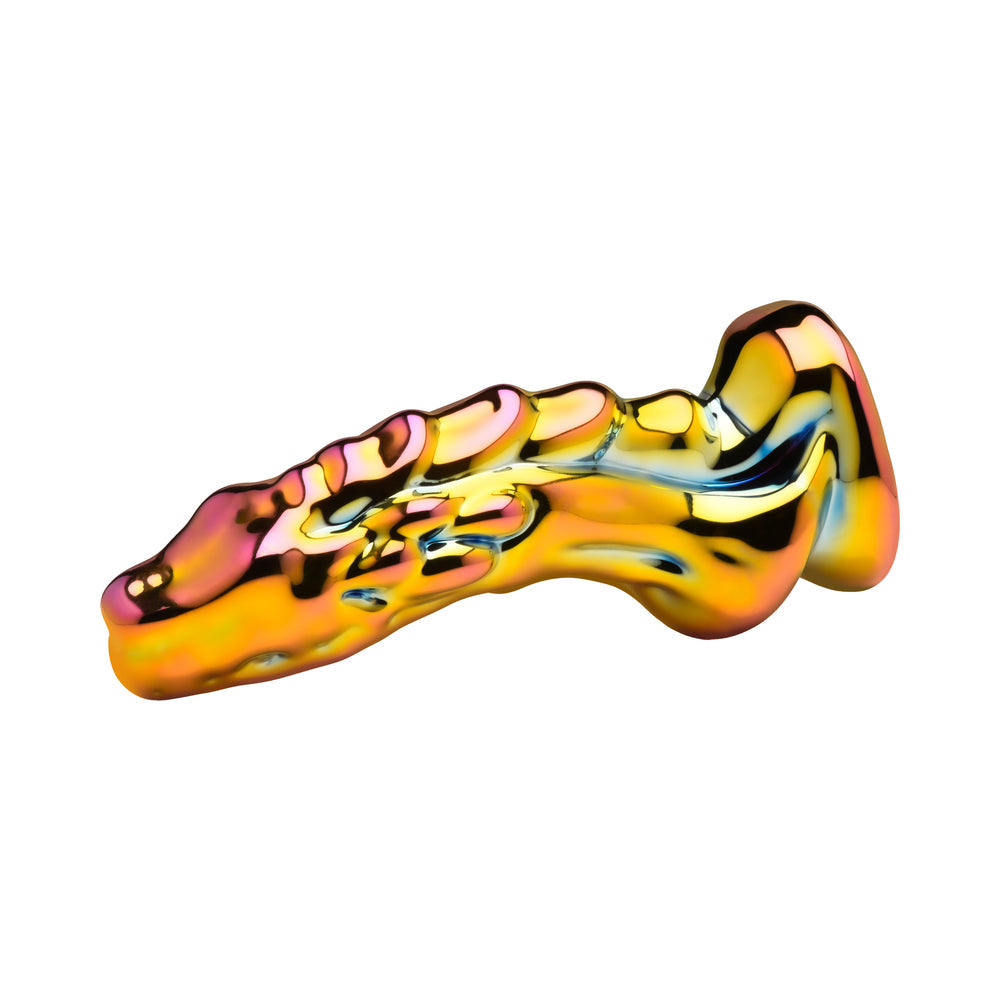 Creature Cocks Dragon Glass Glass Dildo with shimmering rainbow design and dragon-inspired shape.