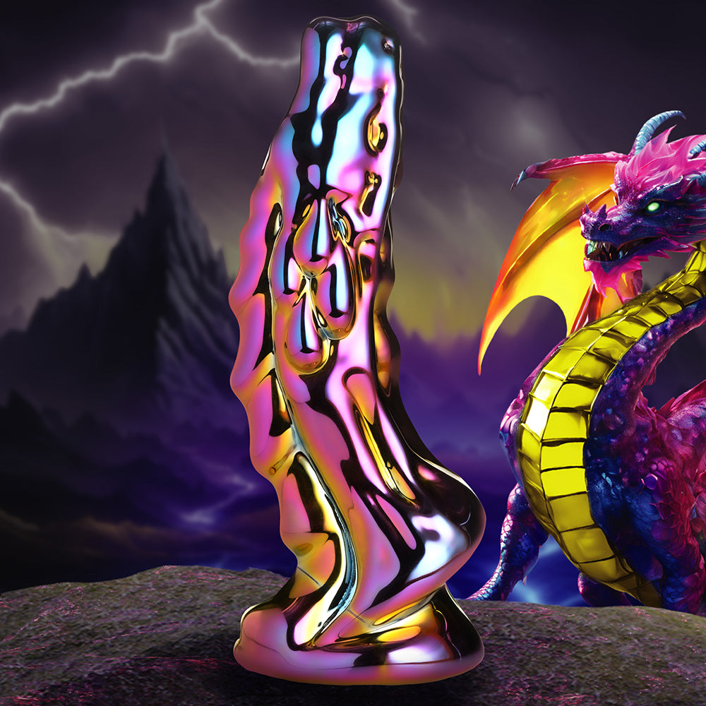 Creature Cocks Dragon Glass Glass Dildo showcasing vibrant design and dragon inspiration on a mythical background.