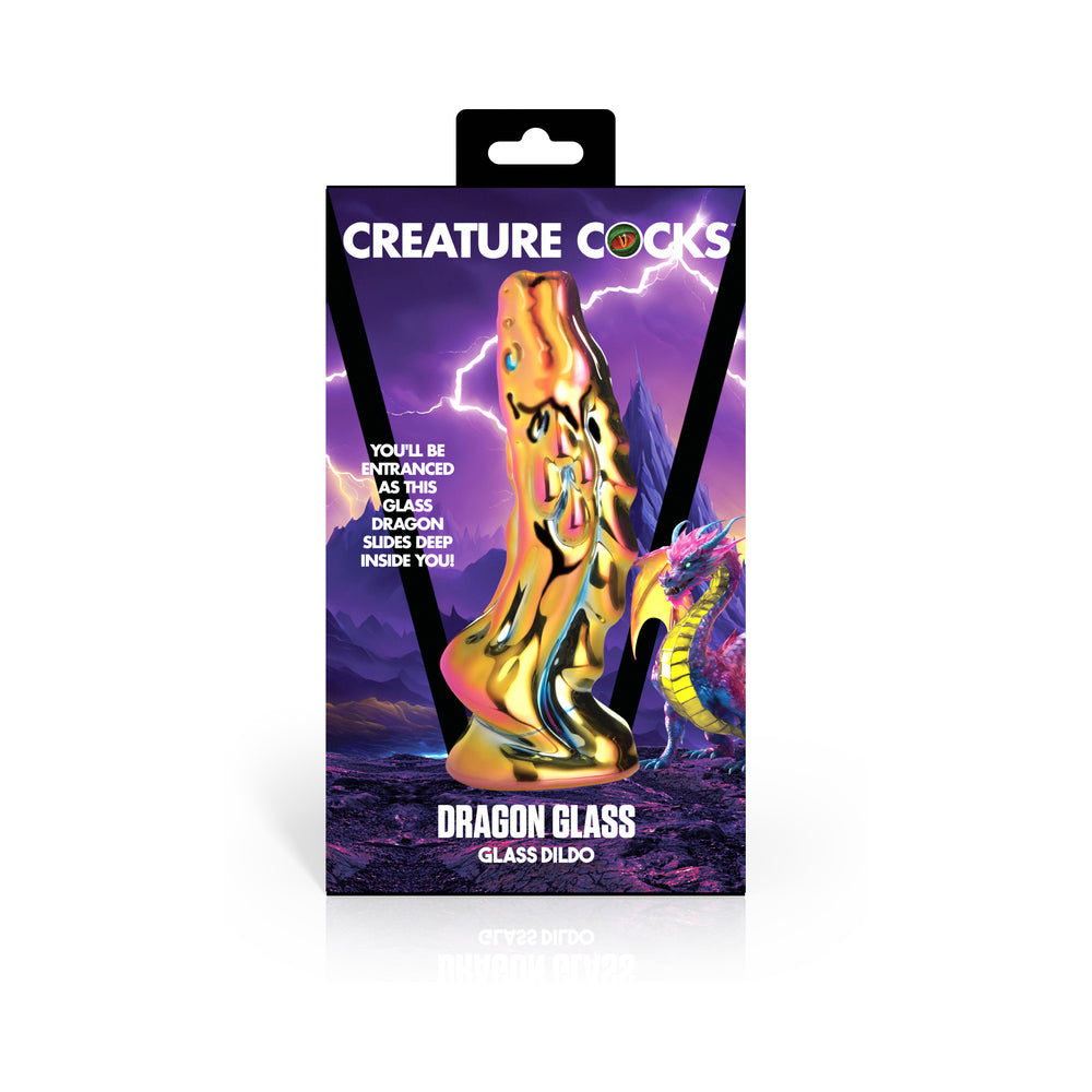 Creature Cocks Dragon Glass Glass Dildo packaging featuring a dragon design and vibrant colors.