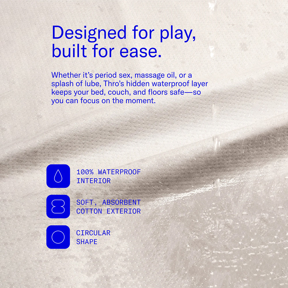 Dame Thro Waterproof Blanket for Play Oat features waterproof interior and soft cotton exterior for versatile protection.