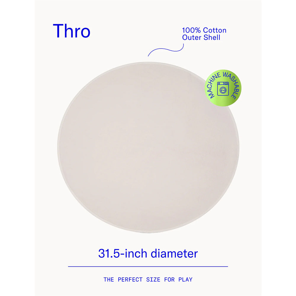 Dame Thro Waterproof Blanket for Play Oat, round design, 31.5-inch diameter, 100% cotton outer shell, machine washable.
