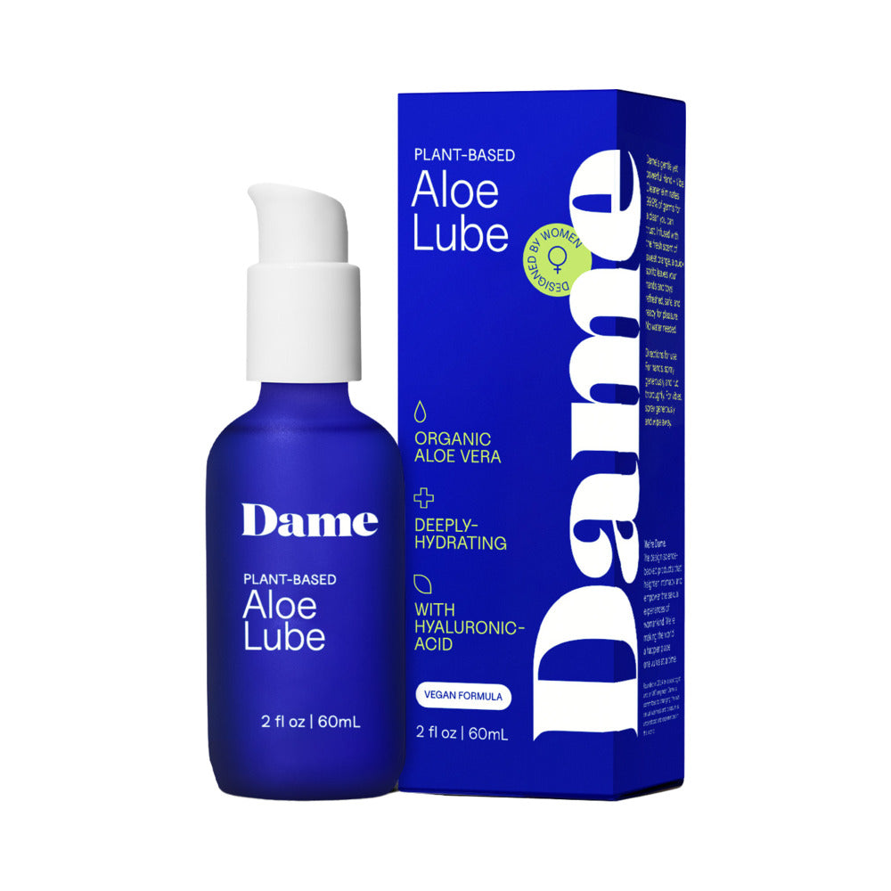 Dame Aloe Lube Personal Lubricant 2 Oz bottle and box featuring organic aloe vera and hydrating formula