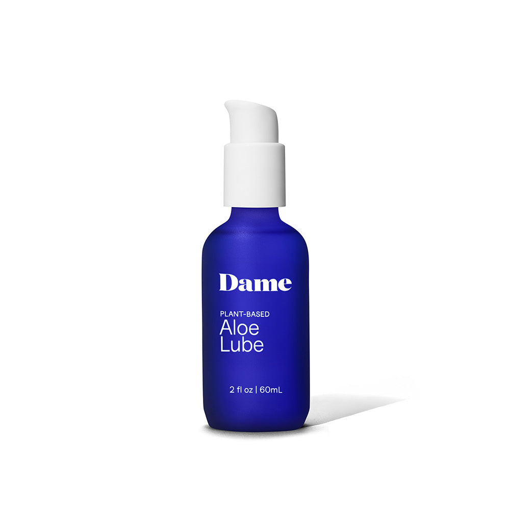 Dame Aloe Lube Personal Lubricant 2 Oz in a blue bottle for enhanced intimate comfort and hydration.