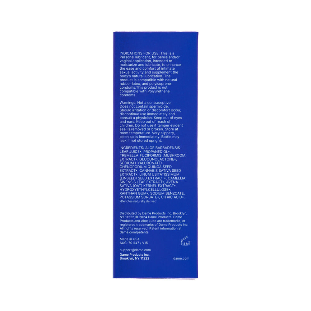 Dame Aloe Lube Personal Lubricant 2 Oz ingredient list and usage instructions on packaging.