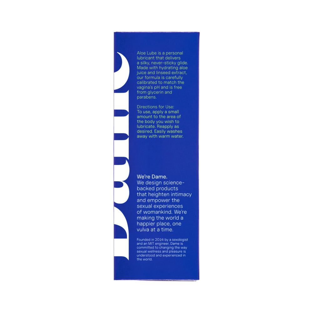 Dame Aloe Lube Personal Lubricant 2 Oz packaging, showcasing its aloe vera-based formula and usage instructions.
