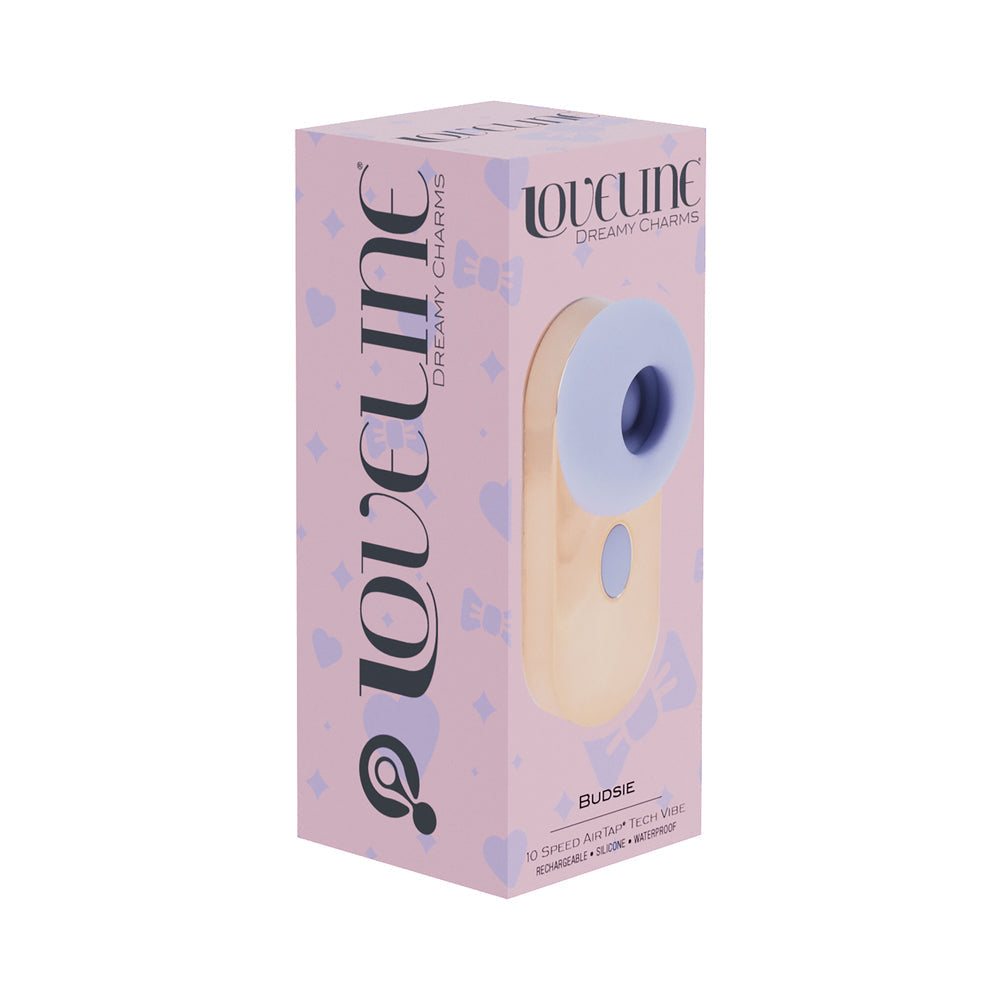 Loveline Budsie Airtaptech Rechargeable Vibrator Lavender product packaging featuring AirTap technology and vibrant design.