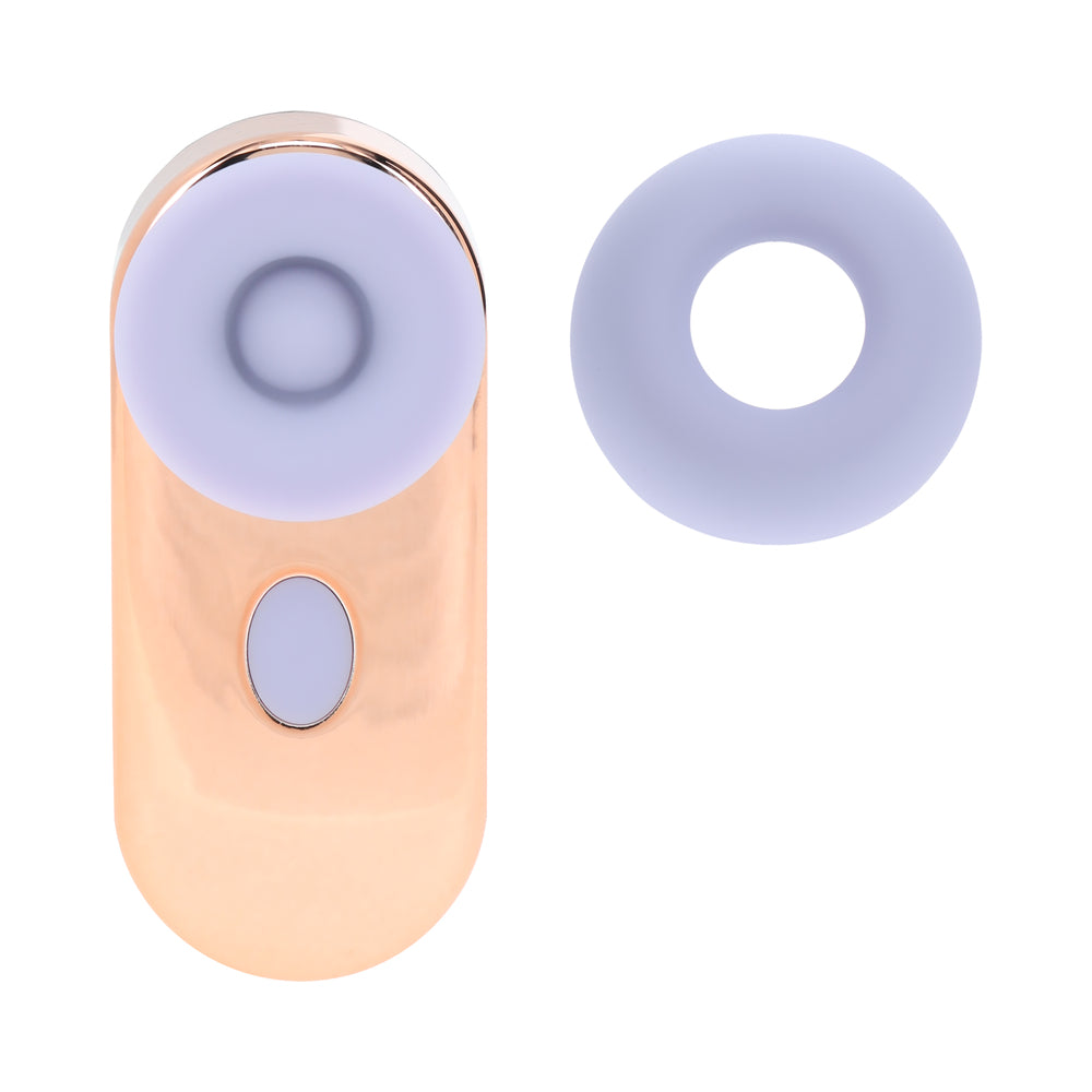 Loveline Budsie Airtaptech Rechargeable Vibrator Lavender with removable head in lavender and rose gold design.