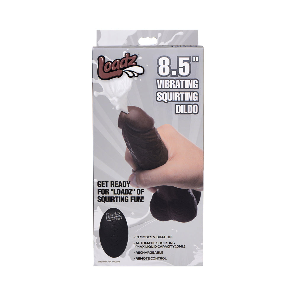 Loadz 8.5 inches Vibrating Squirting Dildo Dark packaging showcasing features and remote control for squirt and vibration.