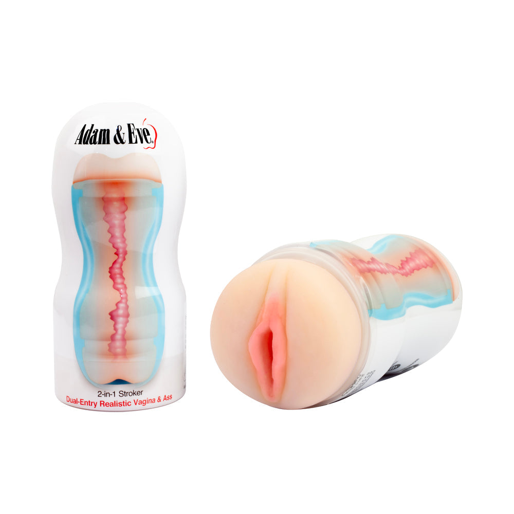 Adam & Eve 2-in-1 Pussy & Ass Stroker packaging with dual-entry realistic openings for varied sensations.