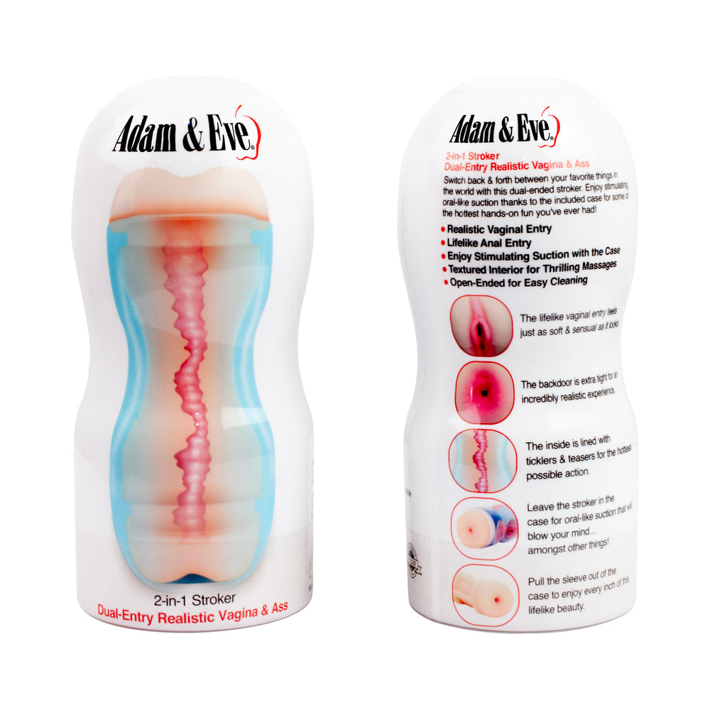 Adam & Eve 2-in-1 Pussy & Ass Stroker packaging showcasing dual-entry realistic openings and features.