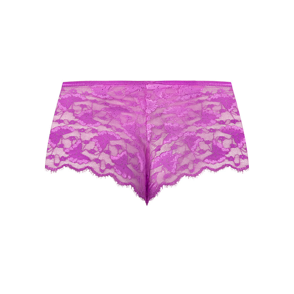 Magic Silk Butterfly Fantasies Boy Short Neon Purple S/M in soft stretch lace with embroidered butterfly design.
