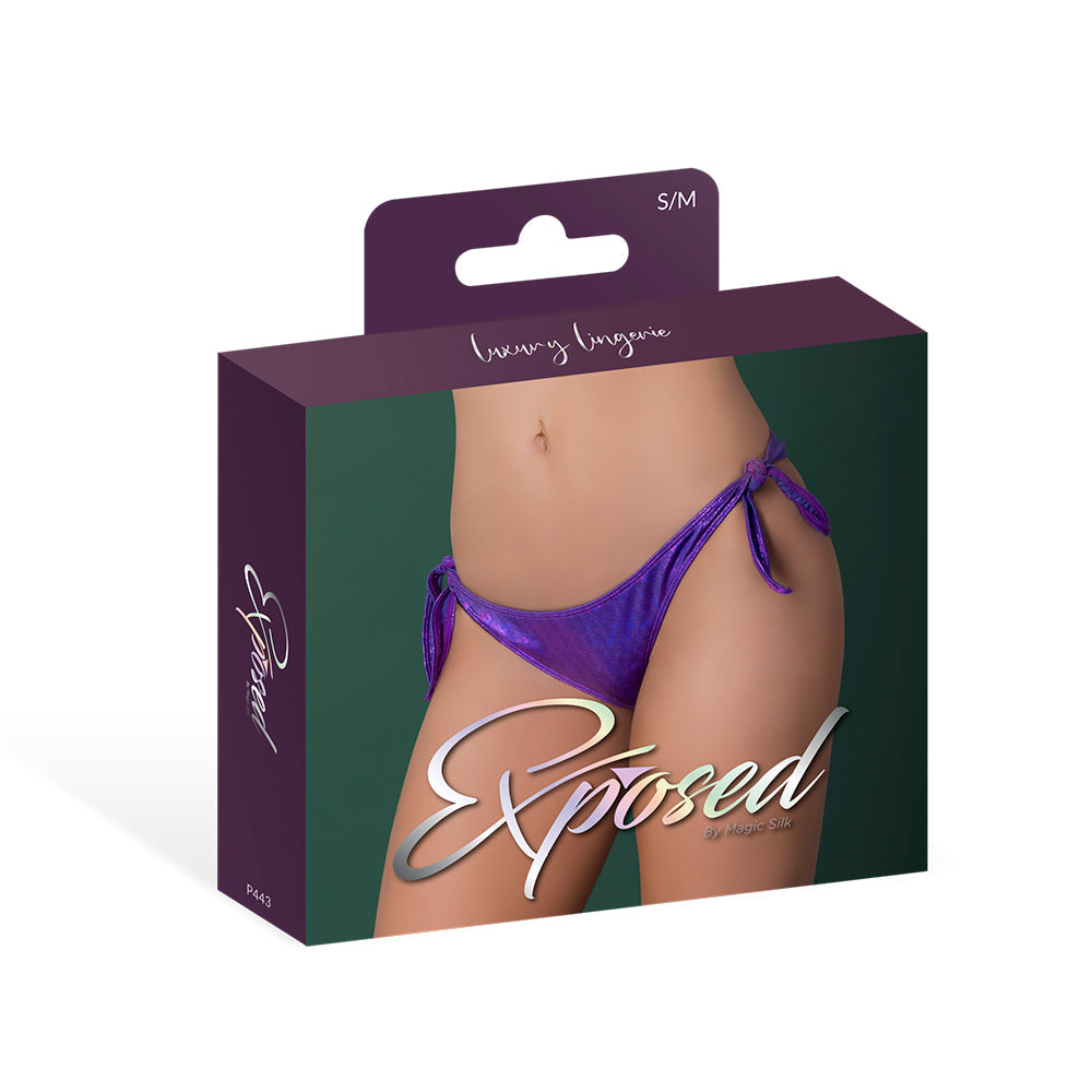Magic Silk Glimmer Low Rise Tie Side Panty Purple Disco S/M elegant packaging displayed with vibrant purple hues.