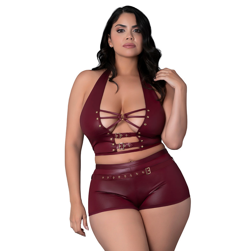 Lust Fetish Thalia Burgundy Queen Size lingerie set featuring faux leather design and body-contouring fit.