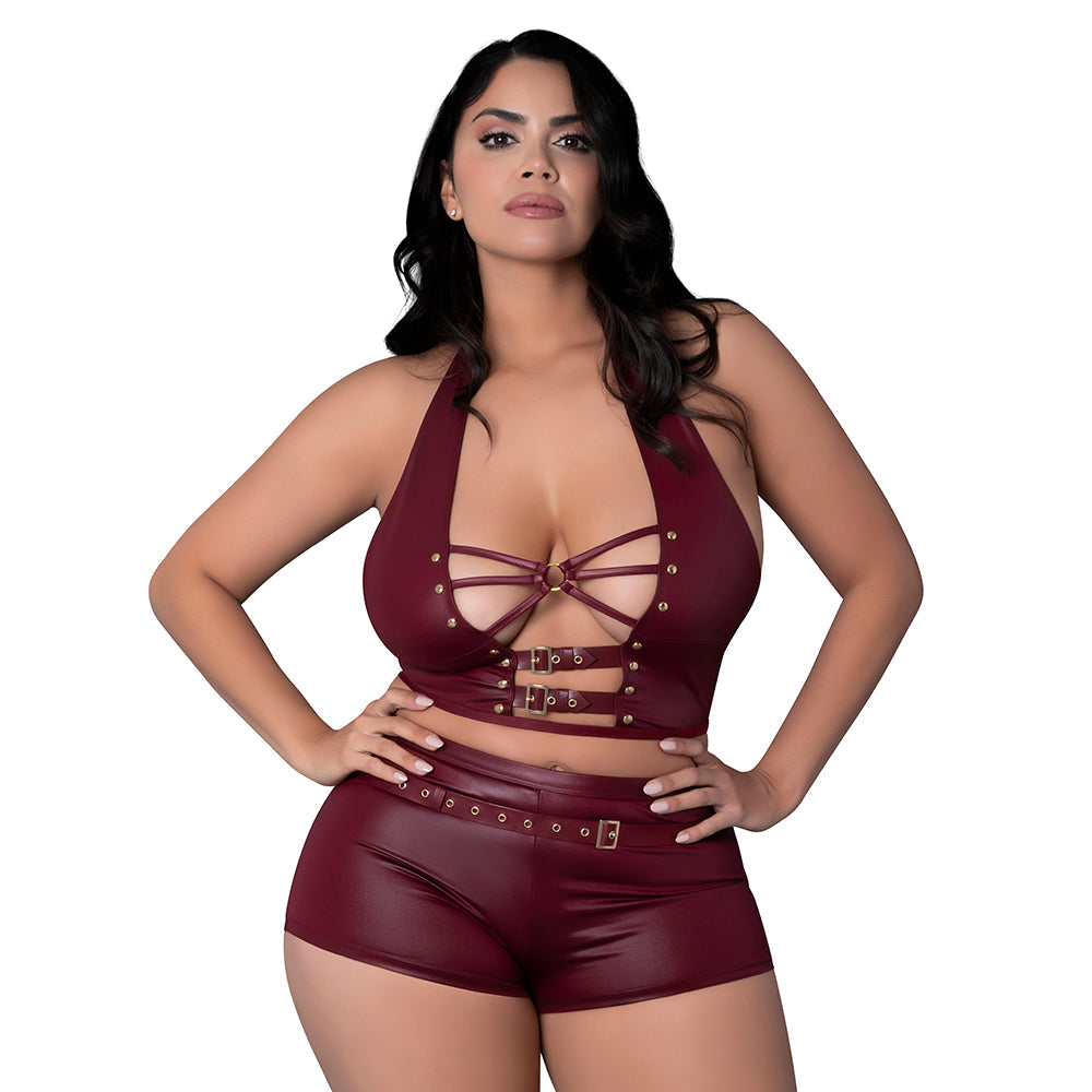 Woman modeling Lust Fetish Thalia Burgundy Queen Size lingerie set with faux leather design and body-contouring fit.