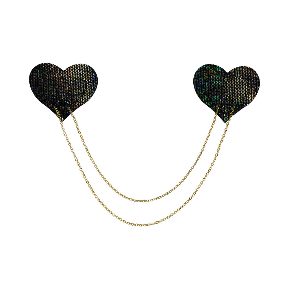 Pastease Black Disco Ball Heart Gold Chain Pasties with shimmering black hearts and draping gold chains.