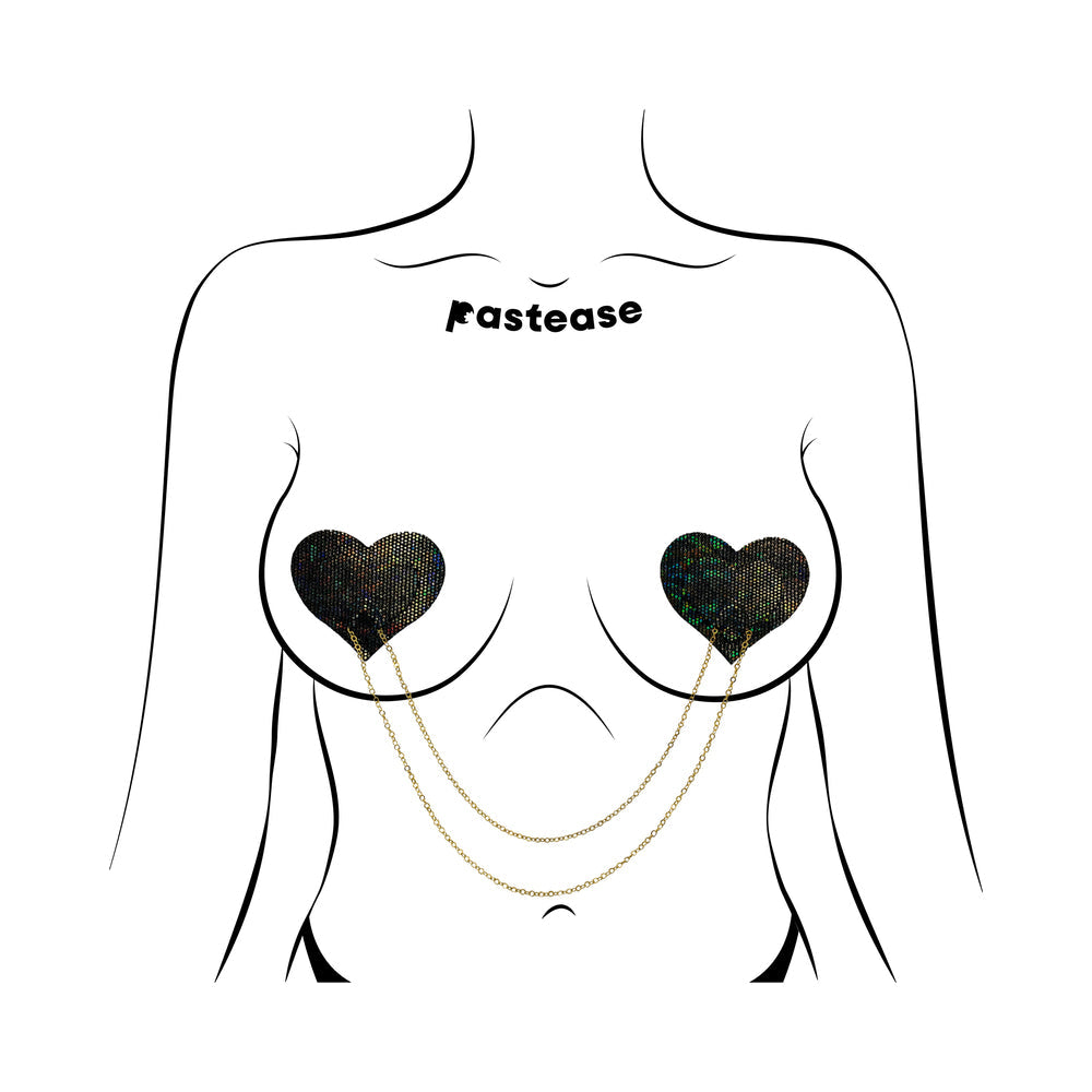 Pastease Black Disco Ball Heart Gold Chain Pasties showcased on body illustration with gold chain accents.