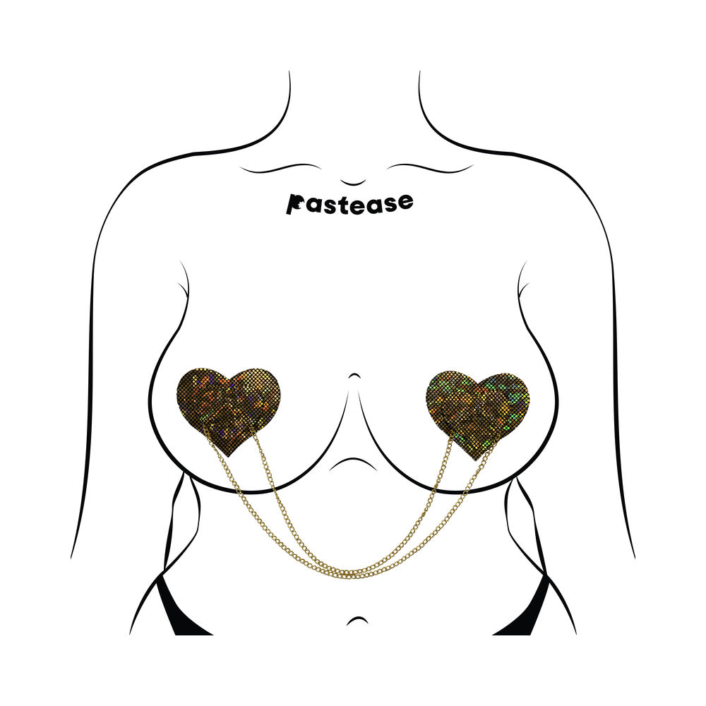 Pastease Black Disco Ball Heart Gold Chain Pasties on a silhouette, showcasing a bold and glamorous design.