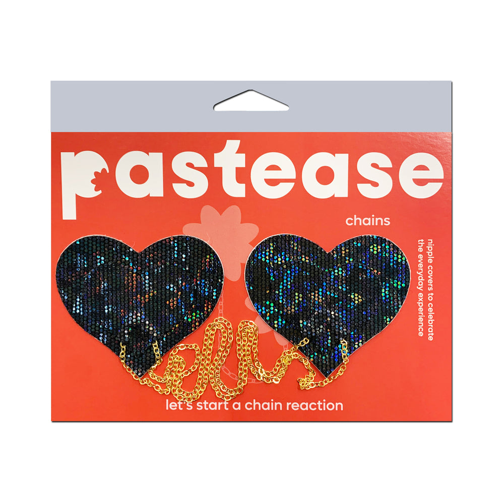 Pastease Black Disco Ball Heart Gold Chain Pasties in packaging featuring shimmering hearts and gold chains.