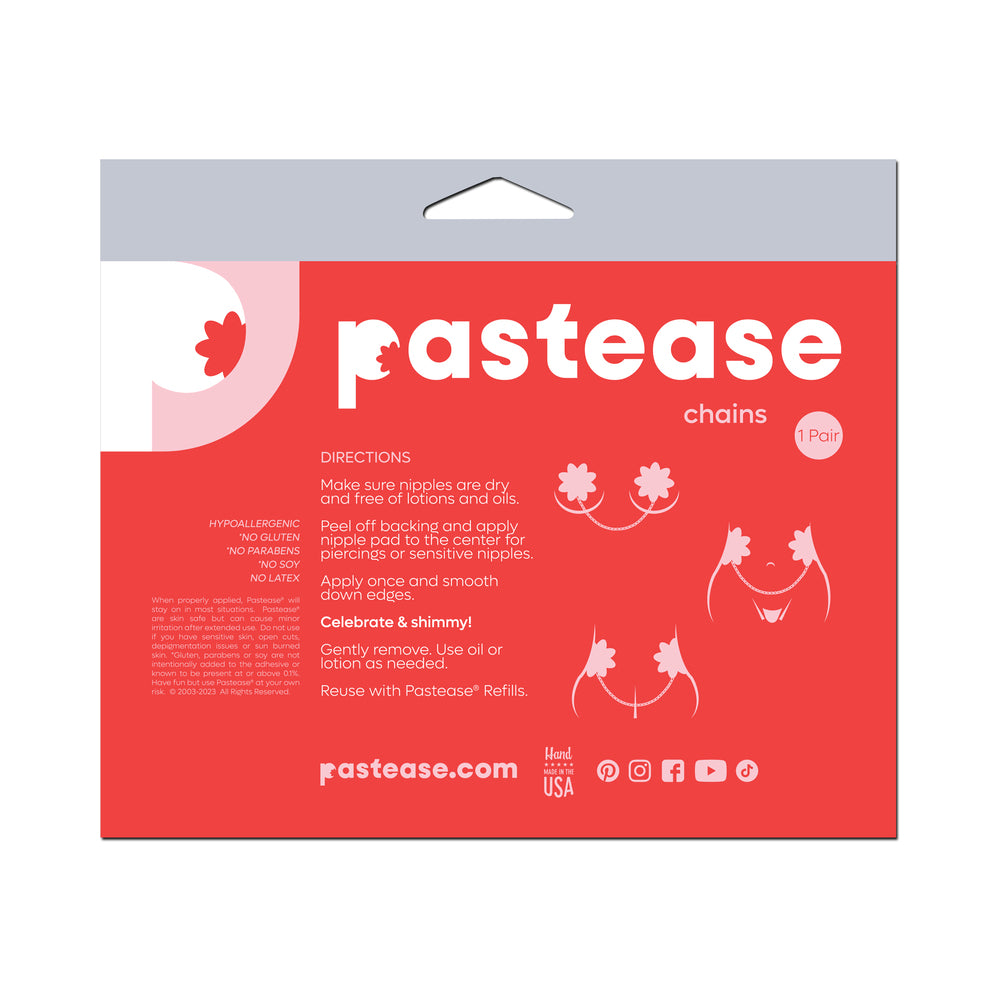 Pastease Black Disco Ball Heart Gold Chain Pasties packaging with application directions and hypoallergenic details.