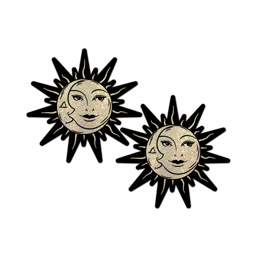 Pastease Sunburst Sun & Moon Faces Gold Glitter Pasties featuring sun and moon designs with gold glitter accents.