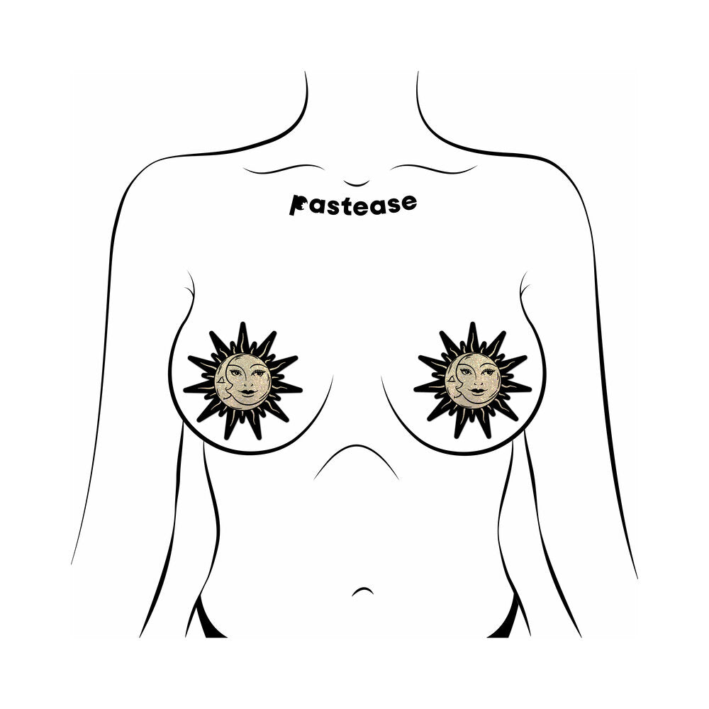 Pastease Sunburst Sun & Moon Faces Gold Glitter Pasties on a model with a simple outline design.