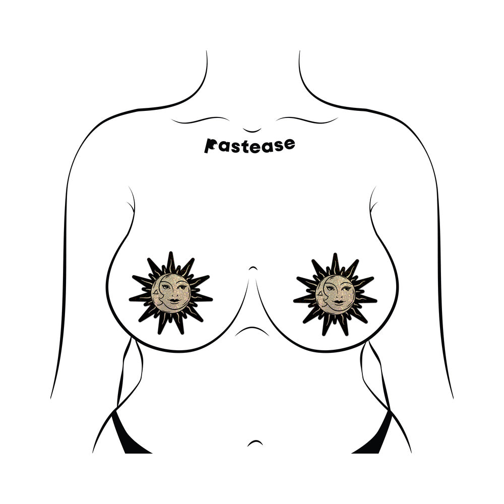 Pastease Sunburst Sun & Moon Faces Gold Glitter Pasties on a silhouette model's chest.
