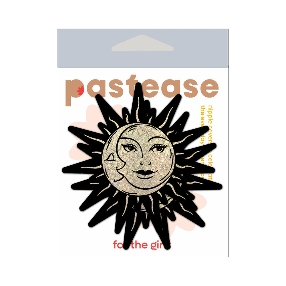 Pastease Sunburst Sun & Moon Faces Gold Glitter Pasties in packaging with celestial design.