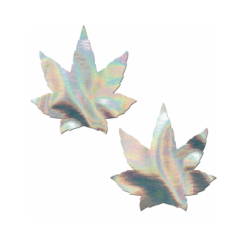 Pastease Indica Pot Leaf Silver Holographic Weed Pasties in a shimmering leaf shape.