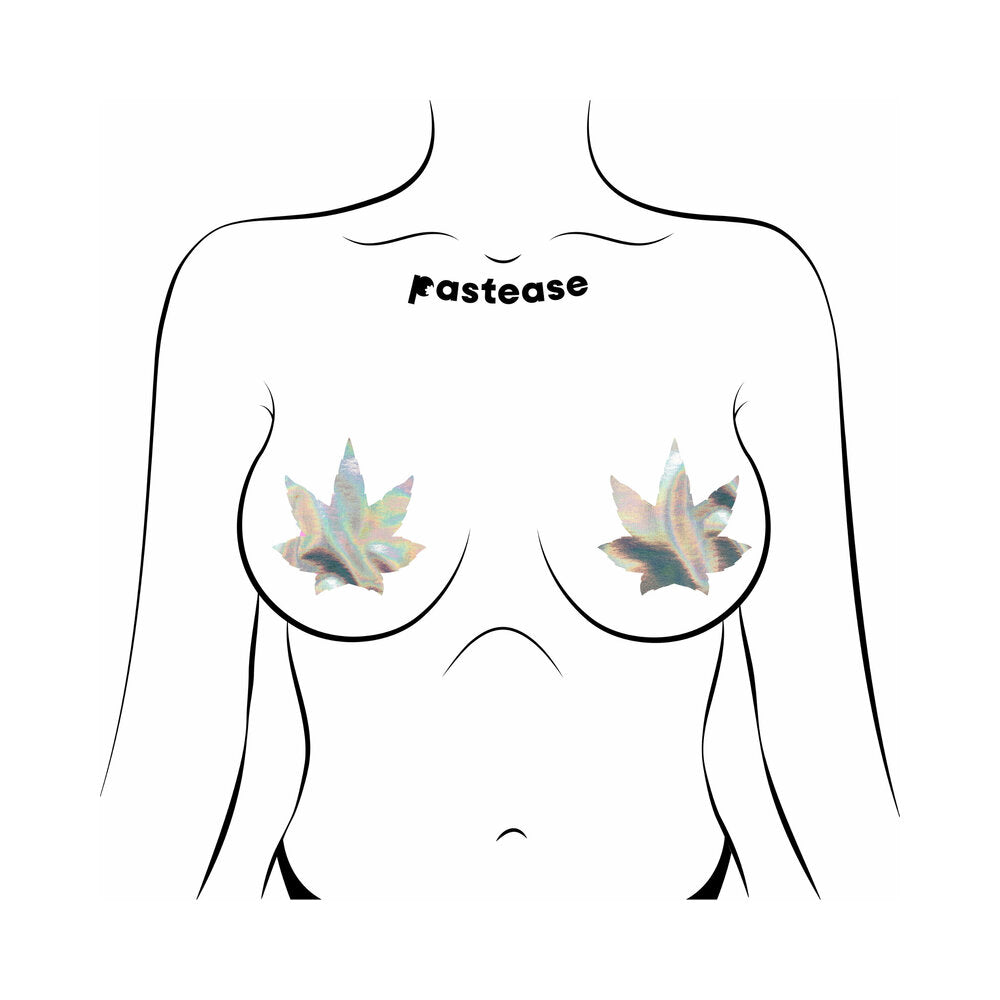 Pastease Indica Pot Leaf Silver Holographic Weed Pasties on a drawn figure showcasing their unique design.