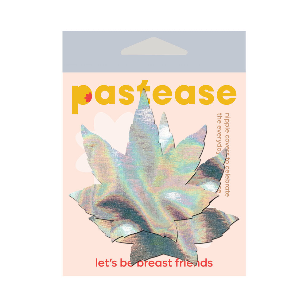 Pastease Indica Pot Leaf Silver Holographic Weed Pasties packaging featuring a shiny cannabis leaf design.