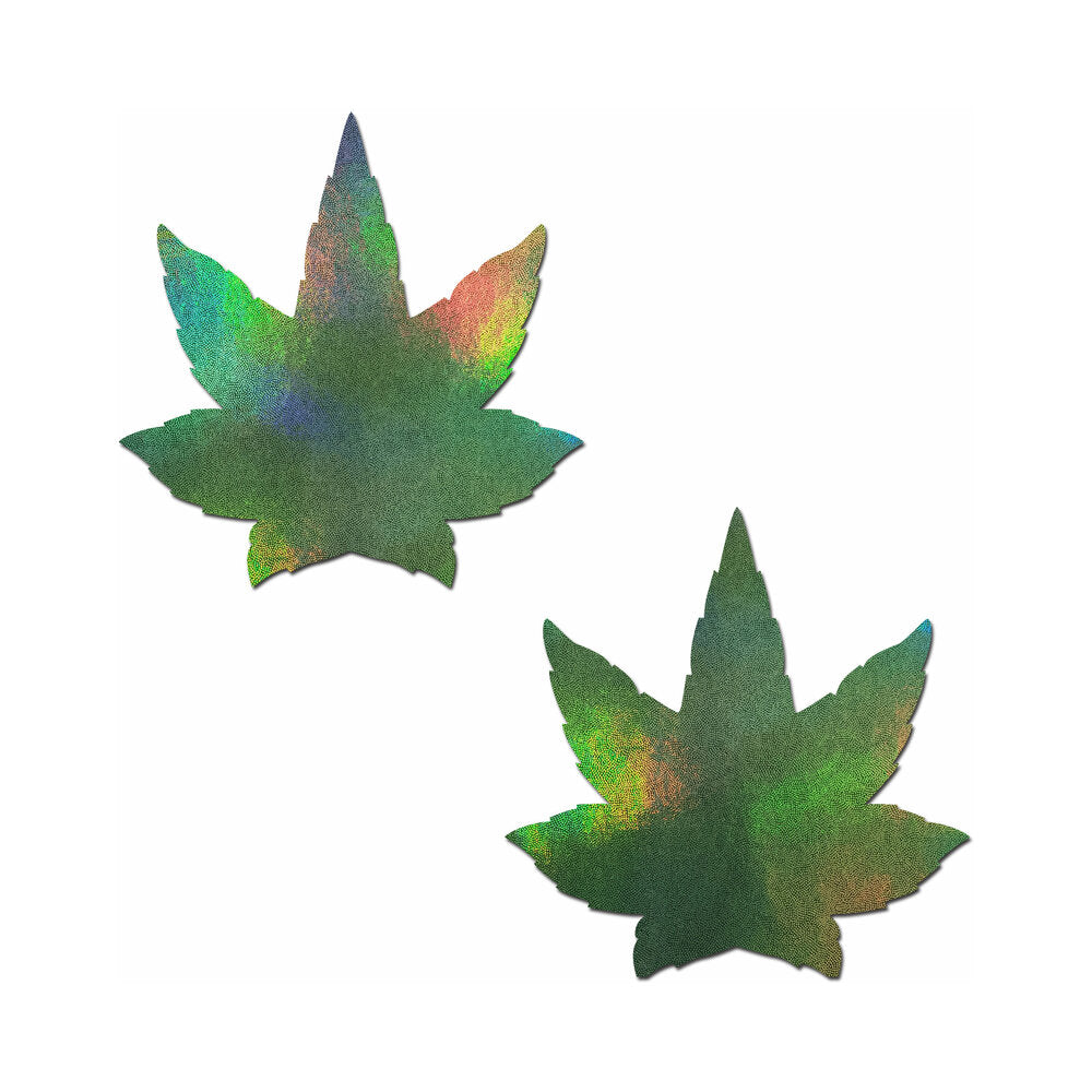 Pastease Indica Pot Leaf Green Holographic Weed Pasties in holographic leaf shape for playful fashion.