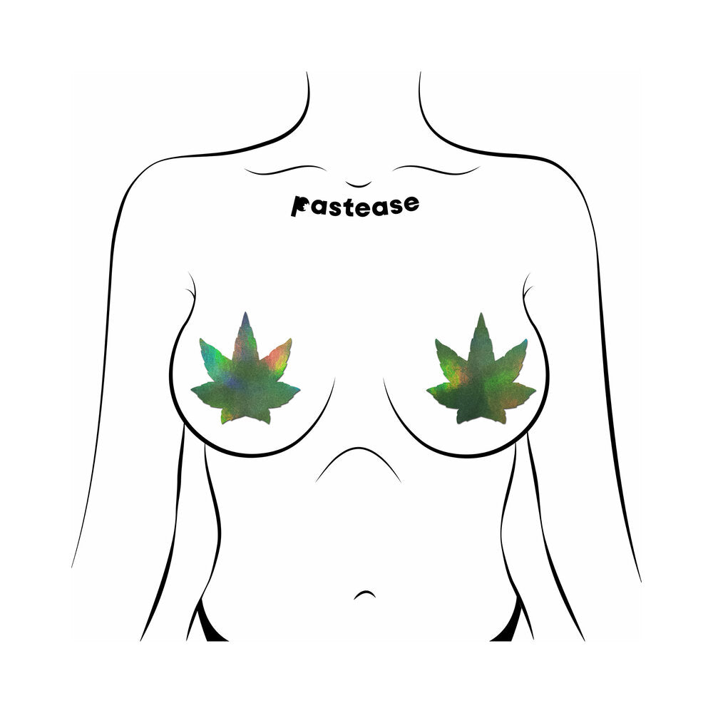 Pastease Indica Pot Leaf Green Holographic Weed Pasties on a model, showcasing shimmering cannabis-themed nipple covers.