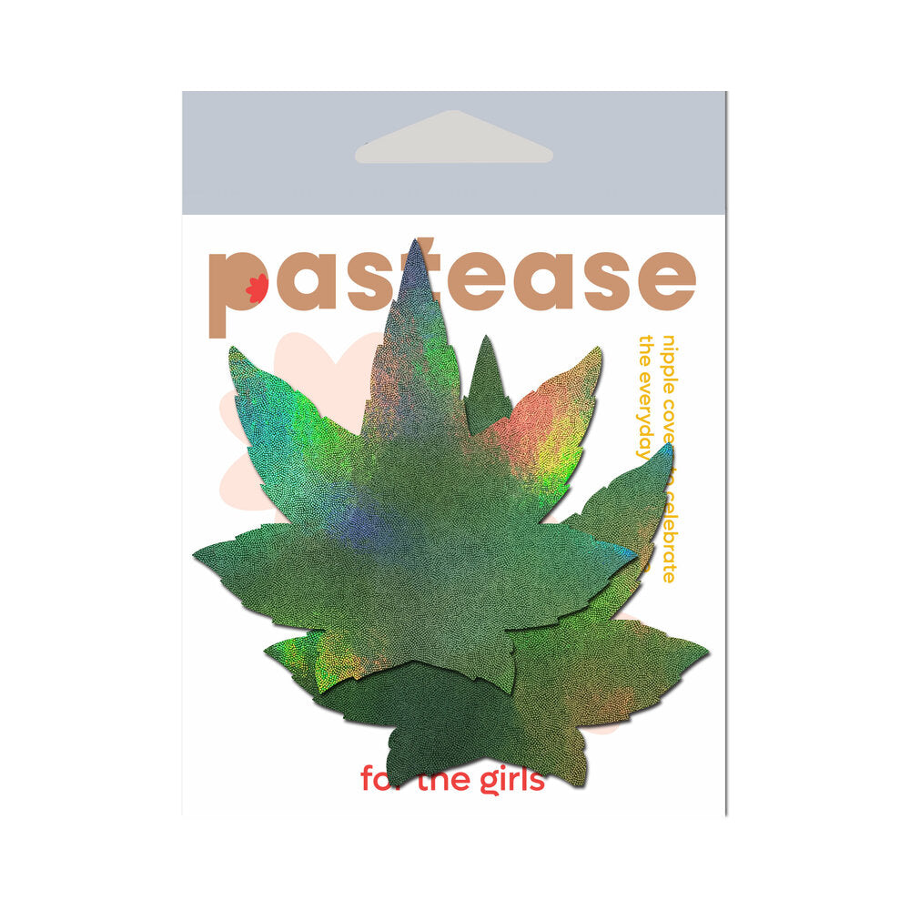 Pastease Indica Pot Leaf Green Holographic Weed Pasties packaging featuring colorful holographic leaf designs.