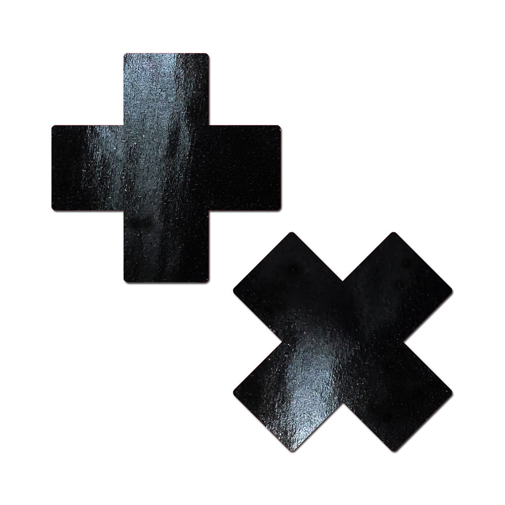 Pastease Plus X Faux Latex Vinyl Black Cross Pasties in a bold cross design, showcasing a sleek black sheen.