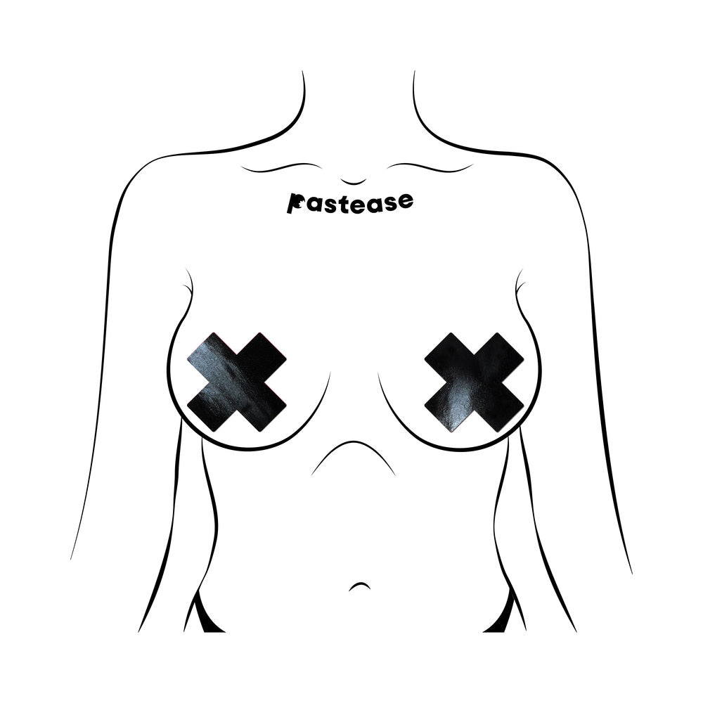 Pastease Plus X Faux Latex Vinyl Black Cross Pasties displayed on a minimalist figure with black crosses.