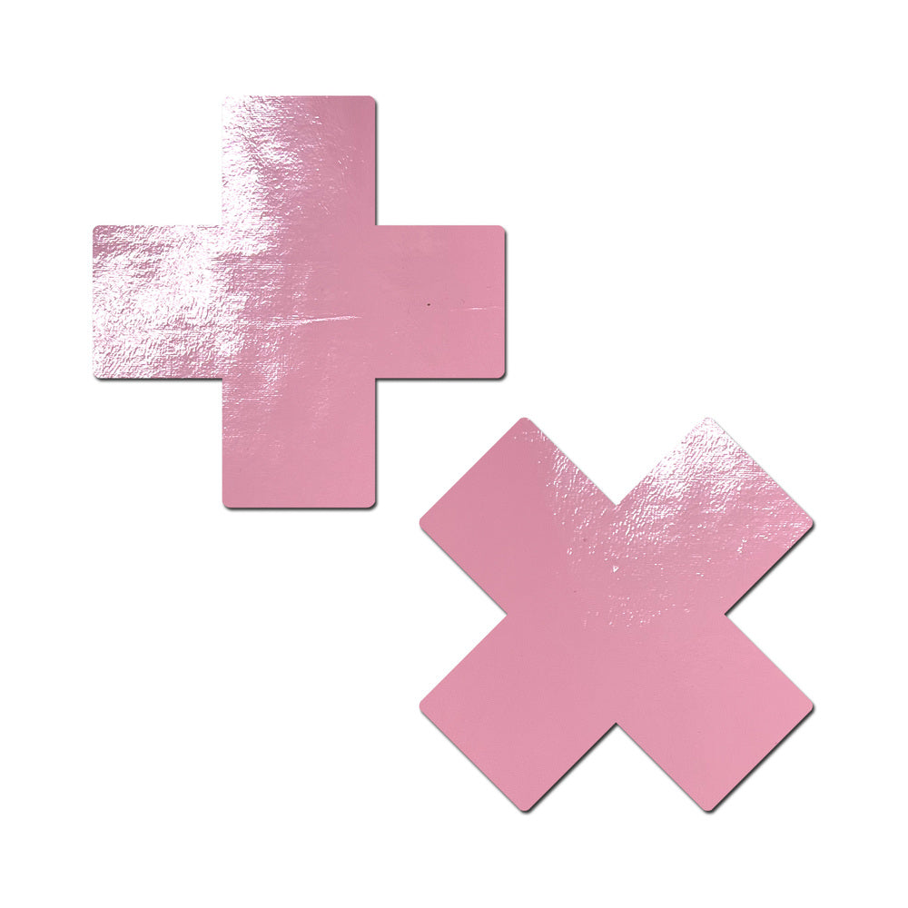 Pastease Plus X Faux Latex Vinyl Baby Pink Cross Pasties featuring glossy baby pink cross shapes.