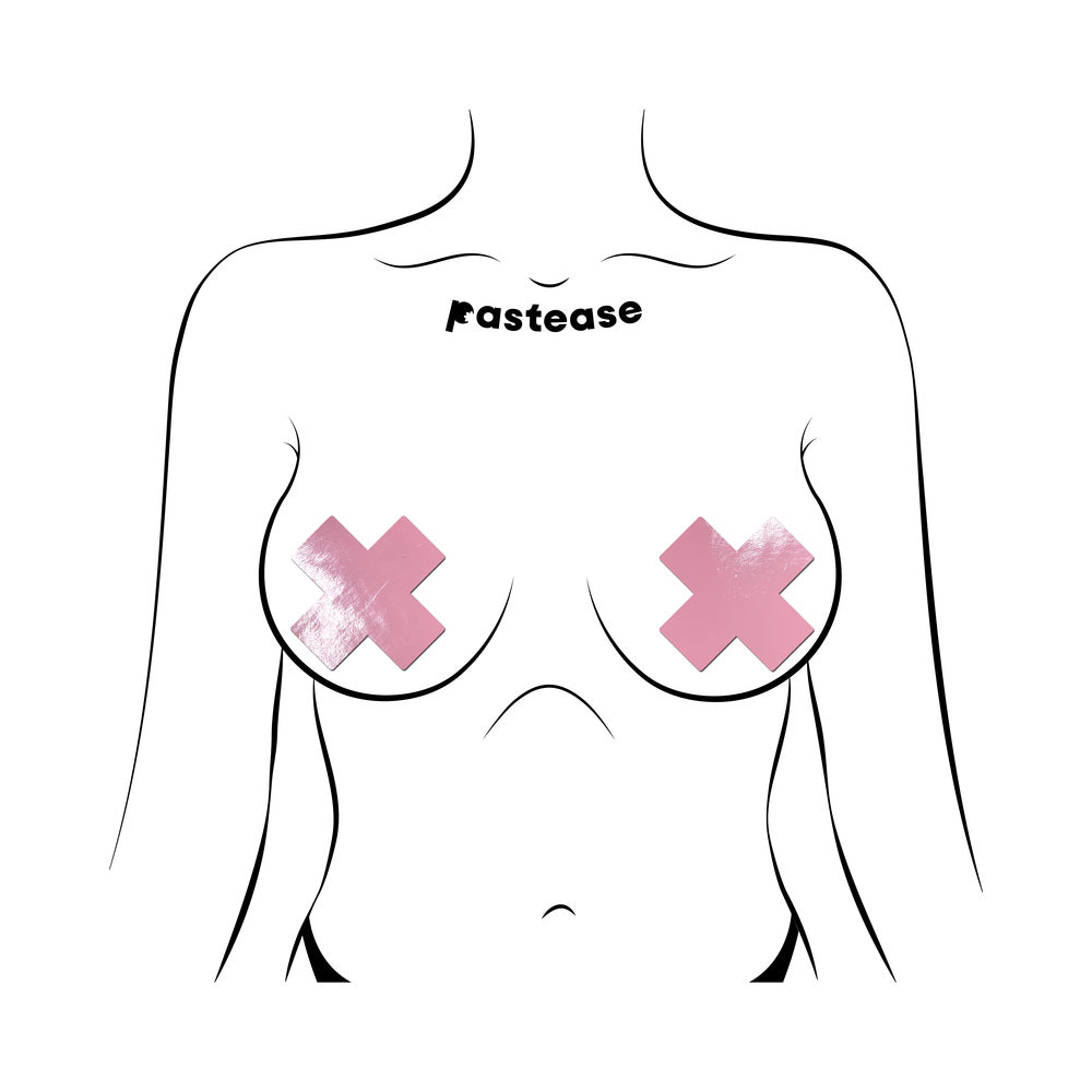 Pastease Plus X Faux Latex Vinyl Baby Pink Cross Pasties on a silhouette with a playful design.