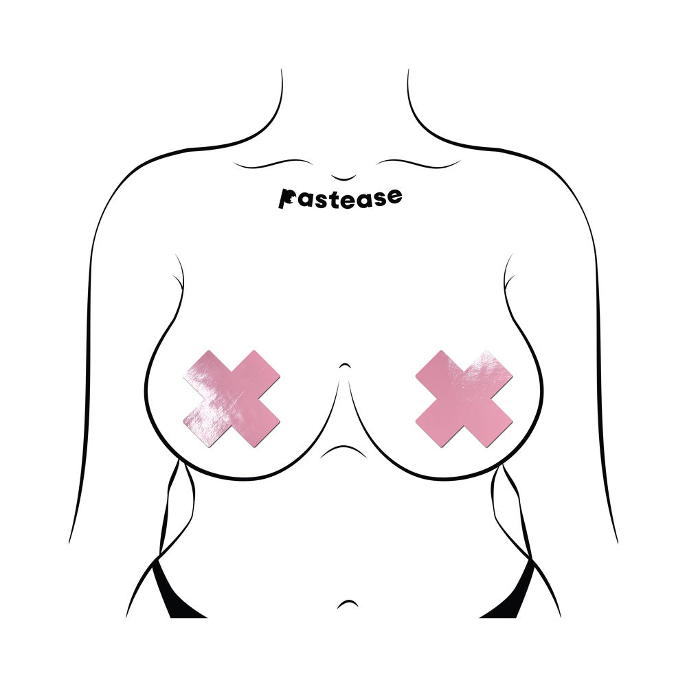 Pastease Plus X Faux Latex Vinyl Baby Pink Cross Pasties on a stylized female silhouette.