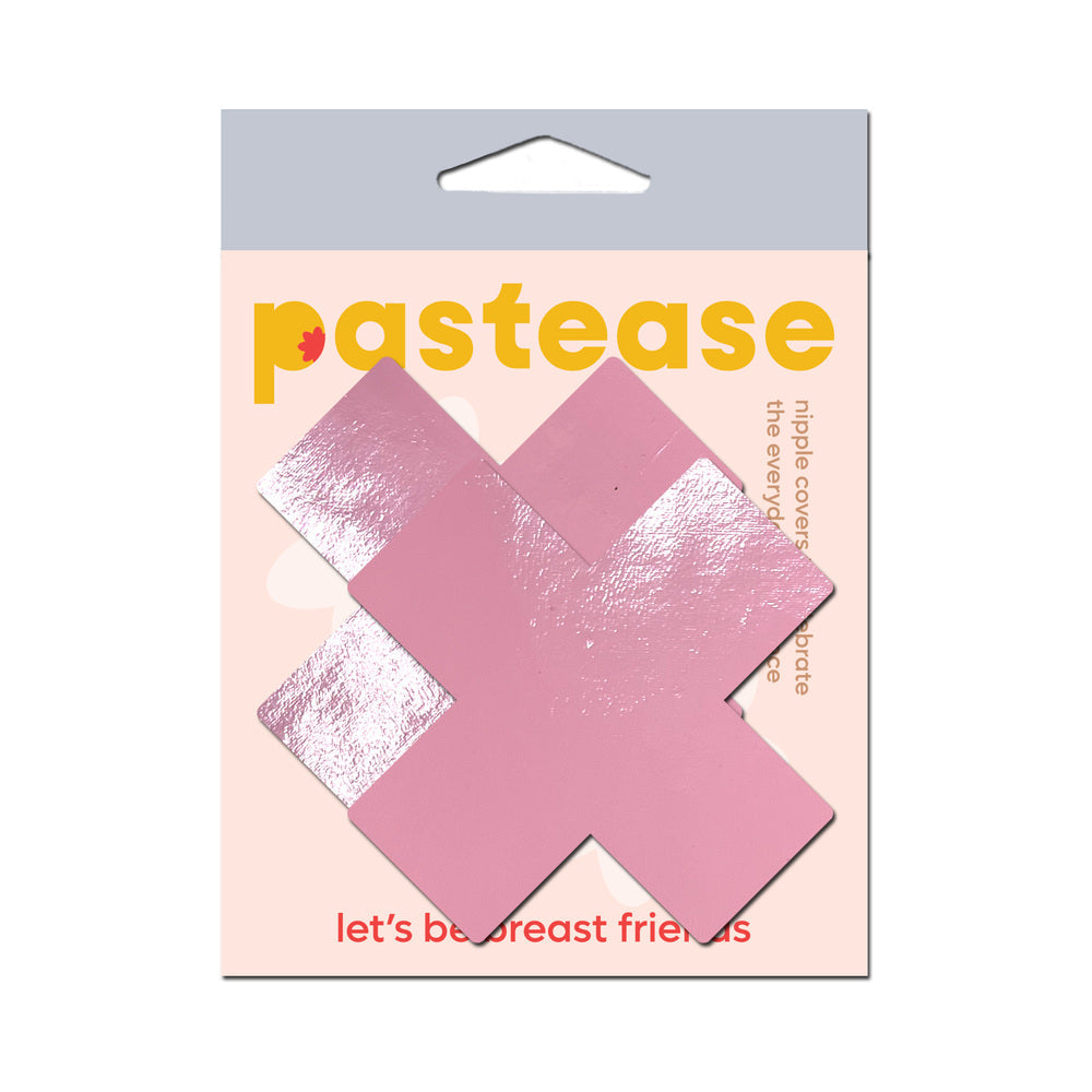 Pastease Plus X Faux Latex Vinyl Baby Pink Cross Pasties packaging featuring glossy pink cross pasties.